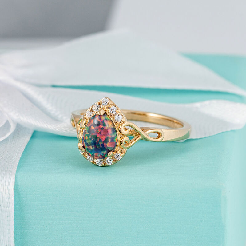 Pear Shape Created Opal & Lab Grown Diamond Swirl Heart Ring in 10k Yellow Gold image number null